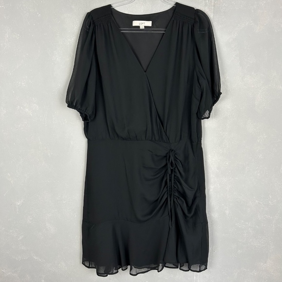 LOFT size 14 Tall black dress side ruched chiffon short sleeve v-neck side zip - Picture 2 of 14